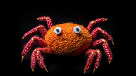 an orange and yellow spider, in the style of knitted and crocheted plush doll art, is captured on a black background. this hyperrealistic marine life-inspired creature features shiny eyes and exudes a humorous and characterful charm. with its cranberrycore coloration, this spider adds a unique touch to the world of animal portraits. ai generatedの素材