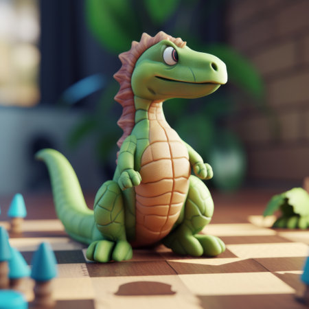 a dino dines on top of a chess board in this 3d rendering. the sketchfab-style artwork showcases a cartoonish innocence with muted colorscape mastery. the navy and green color scheme adds depth to the toy-like proportions of the dinosaur. contoured shading enhances the overall visual appeal of this unique creation. #screenshotsaturday, ai generatedの素材