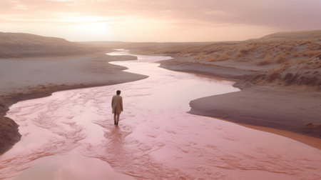 a person gracefully crosses a mesmerizing pink river during a breathtaking sunset. this surreal scene, captured with a hasselblad h6d-400c camera, showcases the sophisticated style of surrealism. the image, resembling a matte painting, is enhanced by the vibrant colors of kodak elite chrome extra film. the organic and desolate landscapes evoke a sense of wonder, reminiscent of the works of burne-jones. ai generatedの素材