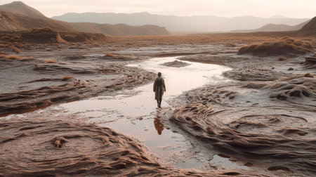 a person walks through the windswept sahara desert terrains, reminiscent of science-fiction dystopias. the scene captures a blend of romantic riverscapes and moody, tranquil moments. the creased, crinkled, and wrinkled landscape adds to the earthy palette, while the hyper-realistic water creates a captivating visual. shot on 70mm, this photo encapsulates a unique and mesmerizing perspective. ai generatedの素材
