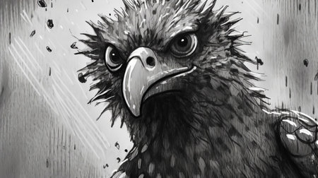 a close-up black and white grayscale drawing of a walking dead eagle by mark savage. this sketchfab artwork showcases bold and manga-inspired characters, with quirky expressions, in the style of characterful animal portraits. created by the talented artist christophe vacher. ai generatedの素材