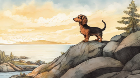 a dachshund gazes upwards, framed against a picturesque lake. this graphic novel-inspired illustration captures the majestic sweep of the seascape, reminiscent of the art of the upper paleolithic era. the stunning backlight adds to the lively coastal landscape, creating a truly beautiful and captivating scene. ai generatedの素材