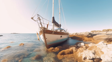 a yacht rests gracefully by a rugged rocky shore, basking in the warm sunlight that filters through. captured with a zeiss batis 18mm f2.8 lens, this uhd image showcases a retro aesthetic with light teal and light brown tones. the rollei prego 90 camera and cross processing technique add a unique touch to the low-angle shot. ai generatedの素材