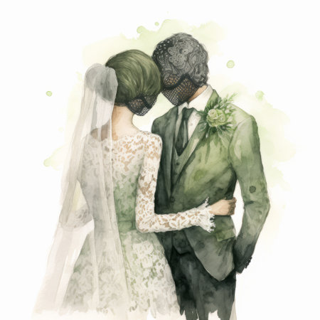 green masked lovers embrace in a watercolor-style illustration. the bride, dressed in an elegant wedding gown, is depicted in monochromatic portraits reminiscent of artists andrzej sykut and akihiko yoshida. the scene exudes an elegantly formal atmosphere, while also conveying a sense of long distance and deep distance, evoking a pastoral ambiance. ai generatedの素材