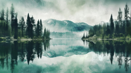 the serene lake behind the mountain is captured in a stunning photograph, showcasing a double exposure effect. this post-apocalyptic landscape, with its dark emerald and light aquamarine hues, has been digitally manipulated to create a moody tonalism. the photo exudes a national geographic-like quality and evokes a sense of cabincore aesthetic. ai generatedの素材