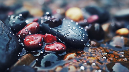 colorful stones, in dark black and crimson hues, rest on the dirt in a river. this photorealistic image showcases intricate detailing, with water drops adding to its realism. the cross processing technique enhances the vibrant colors. this uhd image captures a stunning photo-realistic landscape. creative commons attribution applies. ai generatedの素材