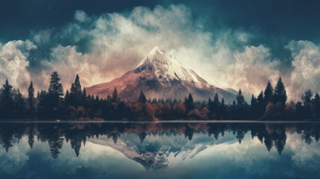 a mountain range with clouds reflected in water is depicted in this free vector art. the style of the image resembles cross-processing, resulting in a dark and moody landscape. the manipulated photography showcases traditional british landscapes, capturing the essence of nature. the matte photo has a detailed painting-like quality. ai generatedの素材