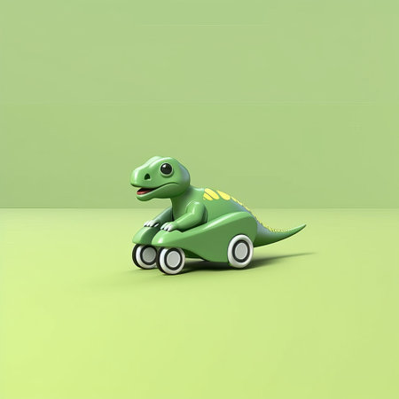 a green toy dinosaur, captured with a konica auto s3 camera, is depicted riding against a vibrant green background. the photo showcases charming character illustrations and a sense of speed and motion. with minimal retouching, the image exudes a unique style reminiscent of vray, carpetpunk, and oshare kei aesthetics. ai generatedの素材