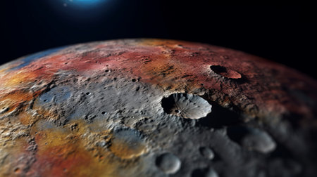an artist rendering of a moon with solar flares and clouds, showcasing detailed hyperrealism. the polychrome terracotta medium creates a densely textured or haptic surface, with silver and magenta hues adding vibrancy. the contrasting shadows and shallow depth of field evoke the essence of the barbizon school. ai generatedの素材