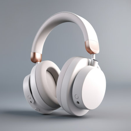 white headphones on a white background with a touch of grey, showcasing a hard surface modeling style. the light orange and light gold accents add a luxurious touch to the design. rendered in maya using the duckcore technique, these headphones embody a unique blend of manapunk and eco-friendly craftsmanship. ai generatedの素材