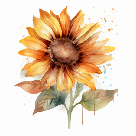 a watercolor sunflower drawing vector, featuring a bronze and amber style. this layered imagery incorporates mixed media elements with subtle irony. the artwork showcases simple, colorful illustrations with a flowerpunk twist, while maintaining a realistic watercolor painting technique. the use of light and shadow adds depth and dimension to the composition. ai generatedの素材