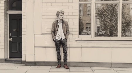 a man leaning against a wall in front of a building, captured in a fashion illustration style reminiscent of the school of london. the photo showcases a color palette of light gray and brown, with photographically detailed portraitures and photo-realistic drawings. this social media portraiture also draws inspiration from traditional british landscapes. ai generatedの素材