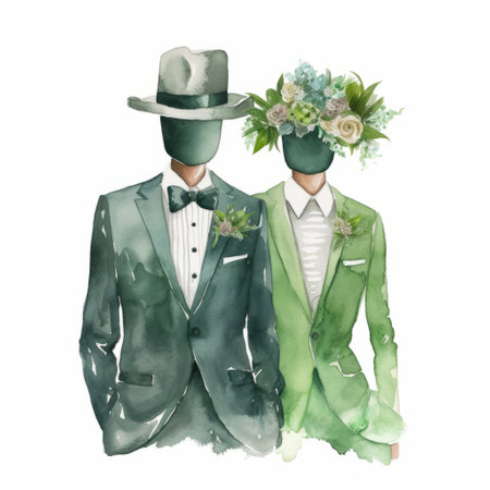 watercolor illustration of men in various suits adorned with flowers, showcasing a blend of light silver and dark emerald tones. this minimalistic yet sophisticated artwork draws inspiration from the styles of hatecore, ton dubbeldam, and philip treacy. the use of organic materials adds a touch of natural elegance, while the overall theme revolves around love and romance. ai generatedの素材