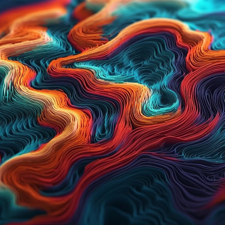 a swirl of vibrant and colorful squiggly lines, resembling topographical realism, is depicted in this image. the dark cyan and orange hues create a visually striking contrast. created using cinema4d, this hyper-detailed illustration showcases nature-inspired imagery with intricate details. ai generatedの素材