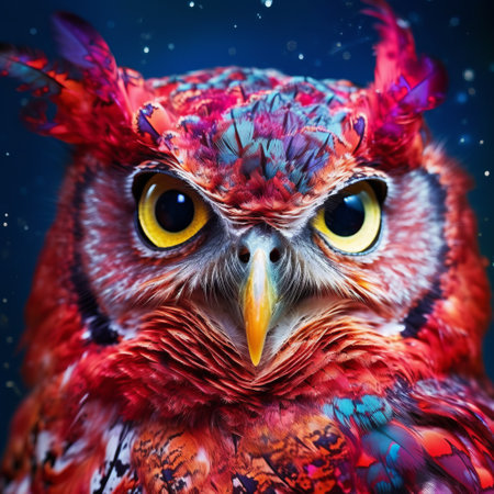 an owl with a striking appearance resembling an extraterrestrial creature. this photo showcases vivid and saturated colors, capturing the owl in an epic portraiture style. the matte finish adds a unique touch to the image, reminiscent of the renowned artist victor nizovtsev's work. the owl's feathers are adorned in shades of light crimson and crimson, adding to its exotic beauty. this high-definition image truly captivatesの素材