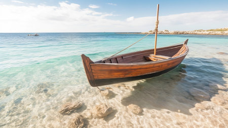 wooden boat in clear water, showcasing historical romanticism. its light turquoise and dark brown hues evoke traditional arts of africa, oceania, and the americas. captured with a graflex speed graphic camera, the image features a shallow depth of field, resulting in stunning beach portraits. this uhd photo captures the essence of cultural heritage and natural beauty. ai generatedの素材