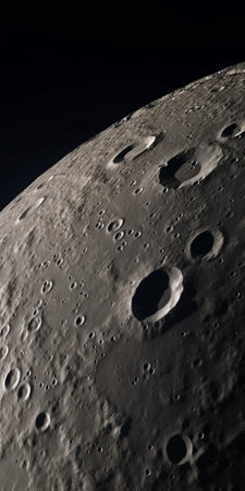 the moon's surface, captured in a stunning black and white image, showcases its unique features with bold lines and dynamic colors. this birds-eye-view photograph, taken with a graflex speed graphic camera, reveals the moon's textured landscape, complete with intricate craters and holes. the detailed spacecrafts add an element of grandeur to this national geographic-worthy photo. ai generatedの素材