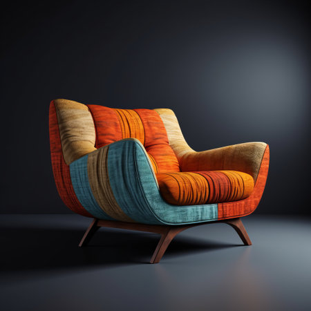 armchair with colorful patterned fabric on the seat and back, rendered in a realistic hyper-detailed style by martin rak. the dark cyan and orange hues create a retro vibe, while the uneven textures and unmodulated color add depth and character. the wooden frame adds a touch of warmth to the overall design. ai generatedの素材