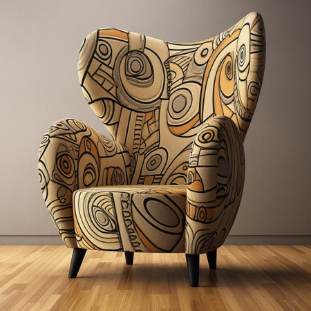 a chair upholstered in patterned fabrics, showcasing the style of biomorphic abstraction with mesoamerican influences. this high-quality photo captures the digitally enhanced dark beige chair, featuring a captivating cartoon abstraction in light orange and dark beige. ai generatedの素材
