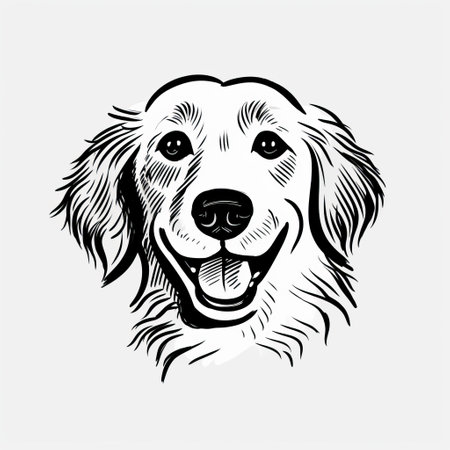 golden retriever head vintage tattoo design and illustration featuring a simplistic cartoon style. this high-quality photo showcases a joyful and optimistic depiction of the breed. the minimalist black and white color scheme, woodcut details, and large-scale brushstrokes add a unique artistic touch to the image. ai generatedの素材
