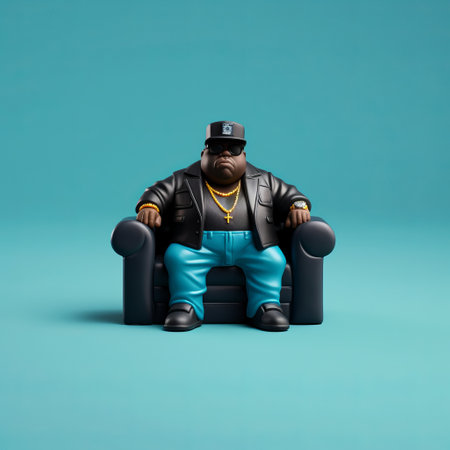 a cyan and black figurine of the biggest loser in the world is depicted sitting on a chair, showcasing hip hop aesthetics. this editorial illustration by simeon solomon features ultra realistic details and charming characters. created by alpo jaakola, this figurine captures the essence of the hip hop culture in a visually striking manner. ai generatedの素材