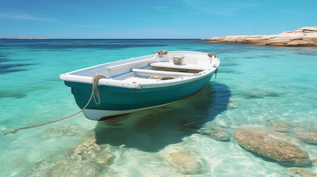 a small boat is peacefully resting in shallow water, captured in a photorealistic style by elba damast. the serene oceanic vistas surrounding the boat showcase shades of azure and aquamarine. this detailed marine view offers a sense of transparency, allowing viewers to immerse themselves in the beauty of the scene. ai generatedの素材