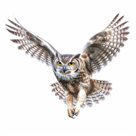 brightly colored long horned owl in flight, hyperrealistic composition with a white background. fisheye effects and naturalistic poses enhance the realism. varied brushwork techniques create a visually captivating image. grid-based structure adds depth to the realistic rendering. ai generatedの素材