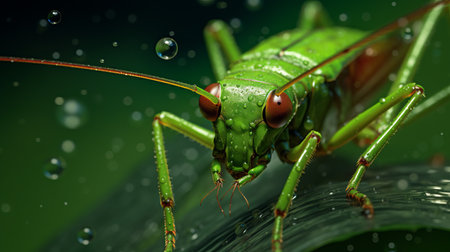 a spider and bug insect are featured in these meticulously photorealistic still life desktop and mobile wallpapers. the hyper-realistic water and vibrant green background enhance the strong facial expression of the subjects. inspired by artists like martiros saryan and caras ionut, these wallpapers offer a captivating frontal perspective. ai generatedの素材