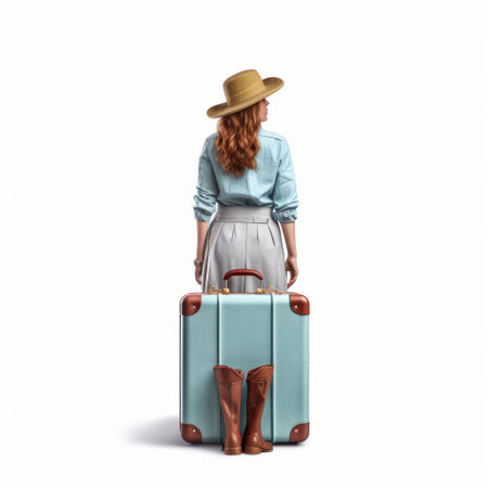 a woman, wearing boots and holding a suitcase, stands on a white background. the photo is captured in a realistic style, with light brown and aquamarine tones. the portraitures are enhanced with vignetting, giving it a touch of the swiss style. this vacation dadcore image showcases photo-realistic techniques, resulting in a beautifully sculpted composition. ai generatedの素材