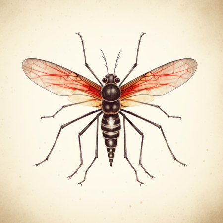 a vintage-style vector illustration of a black-bodied insect, reminiscent of sepia-toned photography. the artwork showcases dark red and light amber tones, capturing the essence of psychological phenomena illustrations. with a touch of realism from watercolor techniques, this mid-century inspired illustration has a unique manapunk vibe. ai generatedの素材