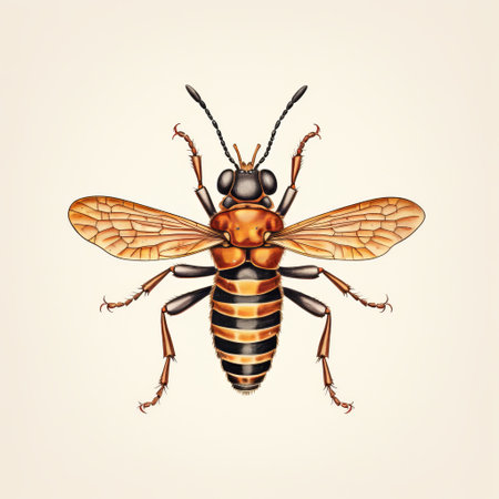 a black and white ink drawing of a bee, showcasing a distinctive character design. the style incorporates light maroon and bronze hues, with simple yet colorful illustrations. the detailed shading adds a touch of realism to the bee's form. the aerial view highlights the bee's unique features, while the combination of light orange and dark blue creates an eye-catching contrast. ai generatedの素材