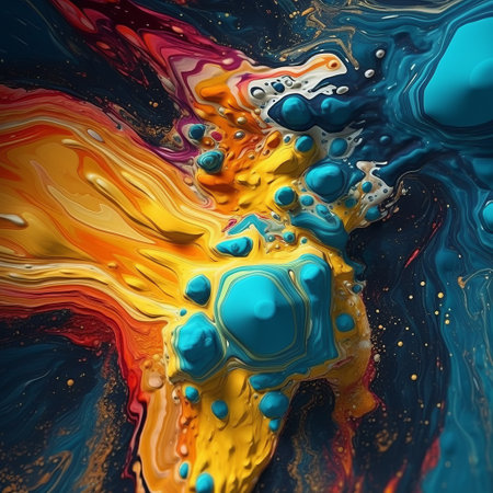 colorful abstract physics fractal art featuring mesmerizing colorscapes. this abstract art, created in the style of hyper-realistic oil, showcases fluid gestures and captivating fluid color combinations. with its yellow and cyan hues, this artwork embodies the essence of abstraction-creation and splatter paintings. ai generatedの素材