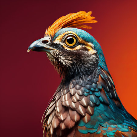 watercolor pheasant bird portrait in the style of laowa 100mm f2.8 2x ultra macro apo lens. this national geographic photo showcases a dark cyan and orange color palette, with saturated colors reminiscent of baroque-inspired sculptures. captured using a sony alpha a7 iii, the photo exhibits photo-realistic techniques. ai generatedの素材