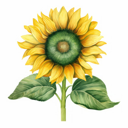 sunflower icon and artwork for download vectors on, featuring realistic watercolor paintings in the style of kathrin longhurst. the highly detailed foliage showcases bright and vivid colors, predominantly yellow and green. the eye-catching composition draws inspiration from edward poynter's work. ai generatedの素材