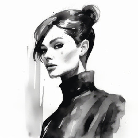 ronaldo varma sketch of a woman by alpso art. this minimalist ink wash style captures a dark and brooding essence. the designer's fashion-illustration skills shine through in this editorial illustration. the smooth and shiny layered portraits are presented in high resolution. ai generatedの素材