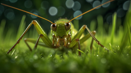 a photo of a grass cricket standing still on vibrant green grass, illuminated by a green light. the detailed facial features of the cricket are captured beautifully with the samyang af 14mm f2.8 rf lens. the image, created using cinema4d, showcases water drops on the cricket's body. this eco-friendly craftsmanship captures the essence of forestpunk with a strong facial expression. ai generatedの素材