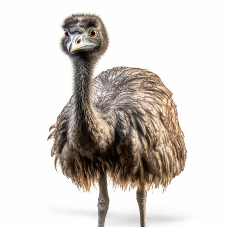 an emu, captured in a close-up intensity, stands alone against a white background. this photorealistic fantasy-style image showcases explosive pigmentation and texture-rich details. rendered in unreal engine, the candid shot of this famous figure highlights the use of photo-realistic techniques. ai generatedの素材