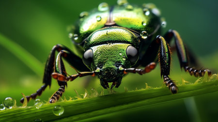 a beetle perched on lush green grass, adorned with glistening water droplets. this photorealistic artwork captures the intricate details of nature, showcasing the vibrant shades of green and emerald. a stunning uhd image, reminiscent of national geographic's explosive wildlife photography, this nature-inspired art piece is a true testament to the beauty found in the natural world. ai generatedの素材