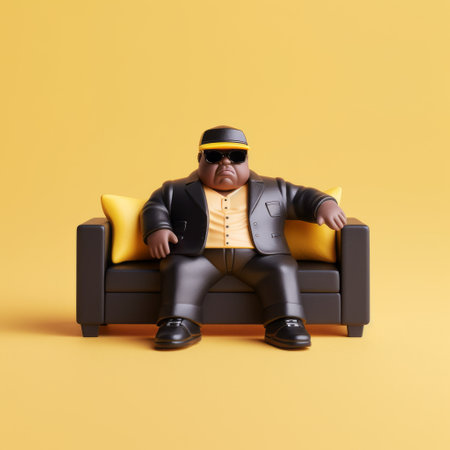 a black figurine, rendered in cinema4d, sits on a vibrant yellow background. this hip hop-inspired piece draws inspiration from the works of bill gekas, warren buffet, and akira toriyama. with realistic scenes and candid shots of famous figures, this photo captures the essence of diverse artistic influences. ai generatedの素材