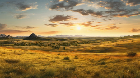 a scenic landscape photo featuring vibrant wildflowers basking in the sun. the photo showcases a beautiful blend of light orange and dark gold hues, capturing the essence of nature. with its expansive and primitivist style, this 8k resolution panorama exudes a pastoral charm, immersing viewers in the breathtaking beauty of the natural world. ai generatedの素材