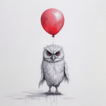 an owl, portrayed in stark realism, delicately clutches a vibrant red balloon. this emotionally charged portrait captures the essence of minimalist ink wash techniques, graffiti installations, and the interplay of light in shades of white and red. the artist's meticulous attention to detail brings a realistic touch to this captivating image, reminiscent of the hurufiyya art movement. ai generatedの素材