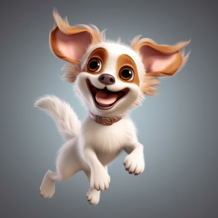 a cartoon dog, inspired by the styles of bill gekas, disney animation, and steve henderson, is depicted jumping on a grey background. the dog has detailed facial features and is a commissioned artwork for ruben maya. the dog's fur is a combination of white and amber colors. ai generatedの素材