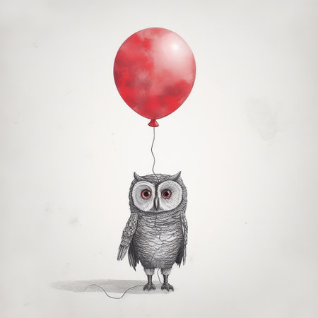 an owl holding a balloon, captured in a mesmerizing pencil art illustration by jenny sanathan. this otherworldly creation showcases a blend of red and gray tones, adding depth and intrigue to the image. with subtle chiaroscuro effects and intricate details, this artwork stands out among the animated gifs on flickr. ai generatedの素材