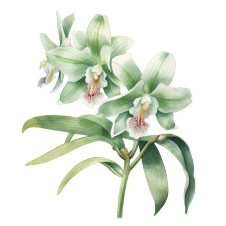 green orchid watercolor flower in the style of highly detailed illustrations. this realistic artwork showcases the artist's skillful usage of light and color, capturing the beauty of nature-based patterns. inspired by native australian motifs and the eastern zhou dynasty, this watercolor illustration exudes a softly organic feel. ai generatedの素材
