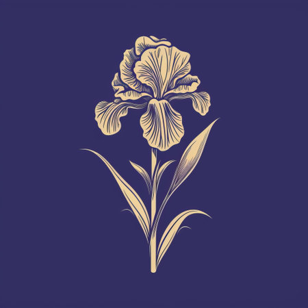 a golden iris flower is showcased against a dark blue background in this linear illustration. the elegant calligraphy adds a touch of sophistication to the overall design. the light purple and light beige hues create a minimalist and romantic atmosphere. inspired by woodcut graphics, this antique-themed artwork is perfect for lovers of vintage illustrations. ai generatedの素材