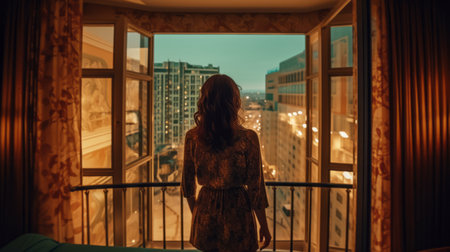 a woman stands at the door, gazing at the city illuminated by black lights. the photo captures a romantic ambiance with its dark green and light brown tones. taken with a tokina at-x 11-16mm f/2.8 pro dx ii lens, the birds-eye-view perspective adds depth to the tabletop photography. the hazy atmosphere and maximalist style enhance the overall aesthetic. ai generatedの素材