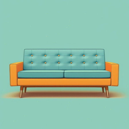 a cartoon-style sofa sits on a turquoise surface, showcasing a retro vintage design. the sofa features a combination of light green and orange colors, adding a touch of nostalgia. the minimalist sensitivity is evident in the light brown and dark azure accents. the textured backgrounds and sharp attention to detail enhance the retro-style appeal of the photo. ai generatedの素材