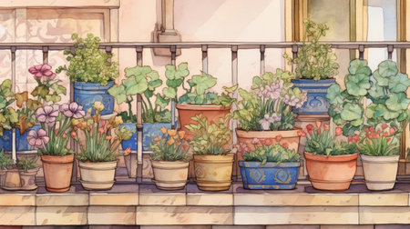 a painting of potted plants on the terrace, capturing the architectural illustrator style with delicate coloring, meticulous detail, and hyper-detailed illustrations. the artist used delicate washes to create a stunning portrayal of the scene. this artwork was inspired by the canon af35m camera and the renowned illustrator tony diterlizzi. ai generatedの素材