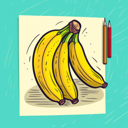 a banana sketch with color pencil on white paper, isolated vector. this pop art satire style still life features bold, cartoonish lines and bold colors. the oversized banana adds a touch of humor, reminiscent of illustrated advertisements and storybook illustrations. the marks and vibrant colors make this artwork stand out. ai generatedの素材
