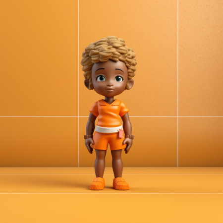 an animated 3d chibi black girl character from the tv show, rendered by theatrical, showcases a unique style of dark orange and light orange. the 3d render, inspired by artists like frieke janssens and miki asai, features minimal retouching and incorporates elements like grid, tactile surfaces, and glazed surfaces. ai generatedの素材